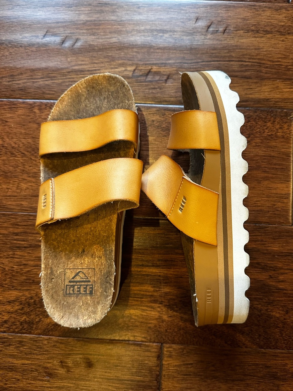 Reef Double-Strap Platform Slide Sandals in Cognac